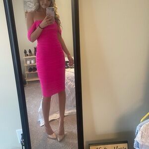 Pink, off the shoulder dress